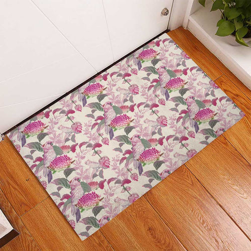 Pink Cockatoo Australia Rubber Doormat Tropical Flowers - Seamless Pattern