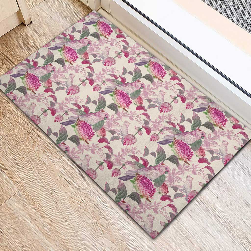 Pink Cockatoo Australia Rubber Doormat Tropical Flowers - Seamless Pattern