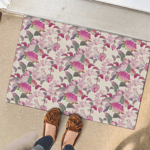 Pink Cockatoo Australia Rubber Doormat Tropical Flowers - Seamless Pattern