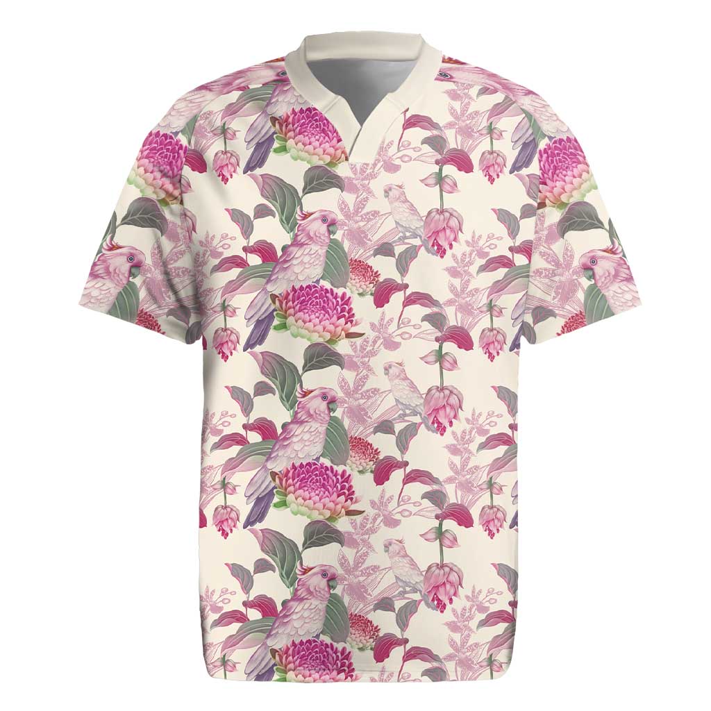 Pink Cockatoo Australia Rugby Jersey Tropical Flowers - Seamless Pattern