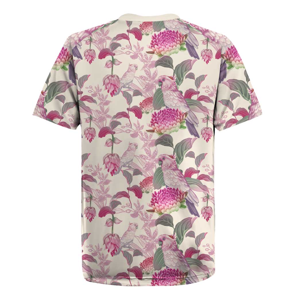 Pink Cockatoo Australia Rugby Jersey Tropical Flowers - Seamless Pattern