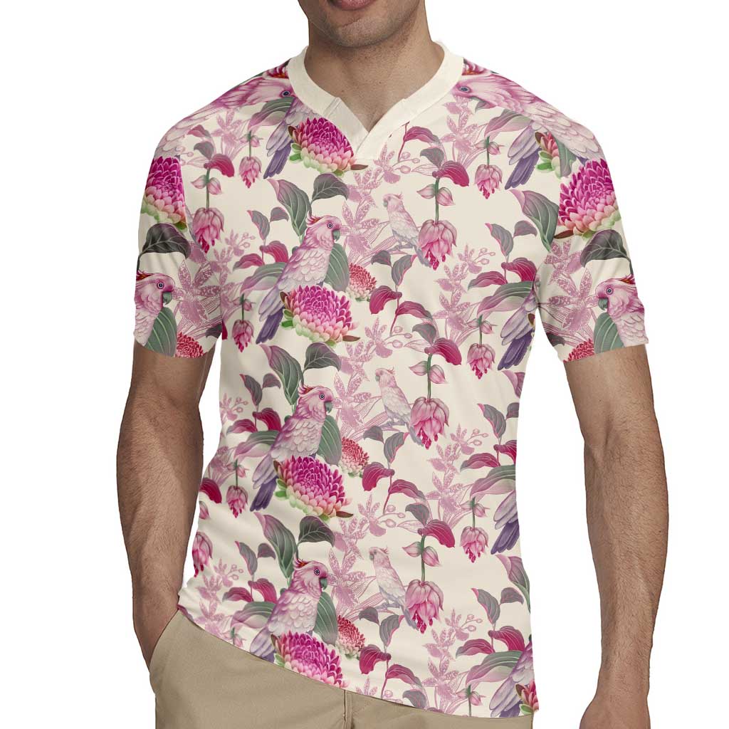 Pink Cockatoo Australia Rugby Jersey Tropical Flowers - Seamless Pattern