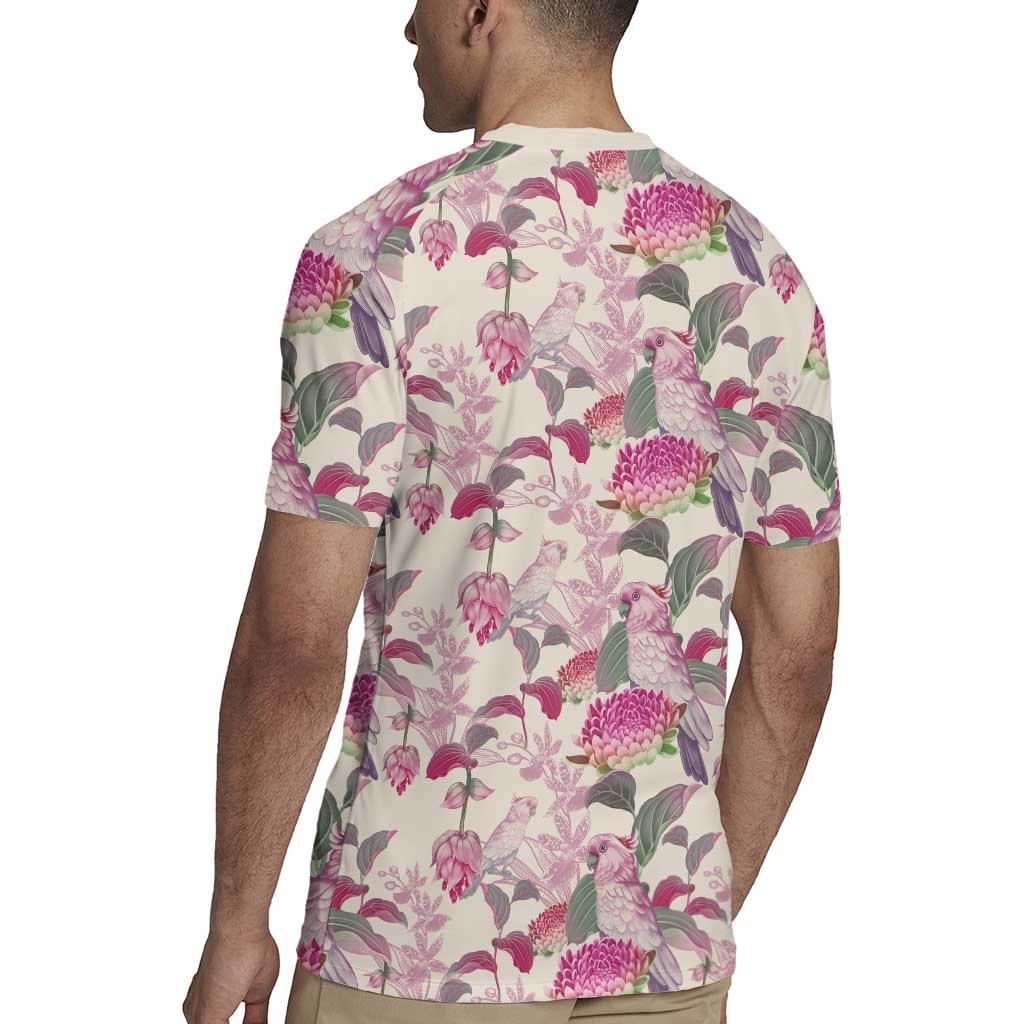 Pink Cockatoo Australia Rugby Jersey Tropical Flowers - Seamless Pattern