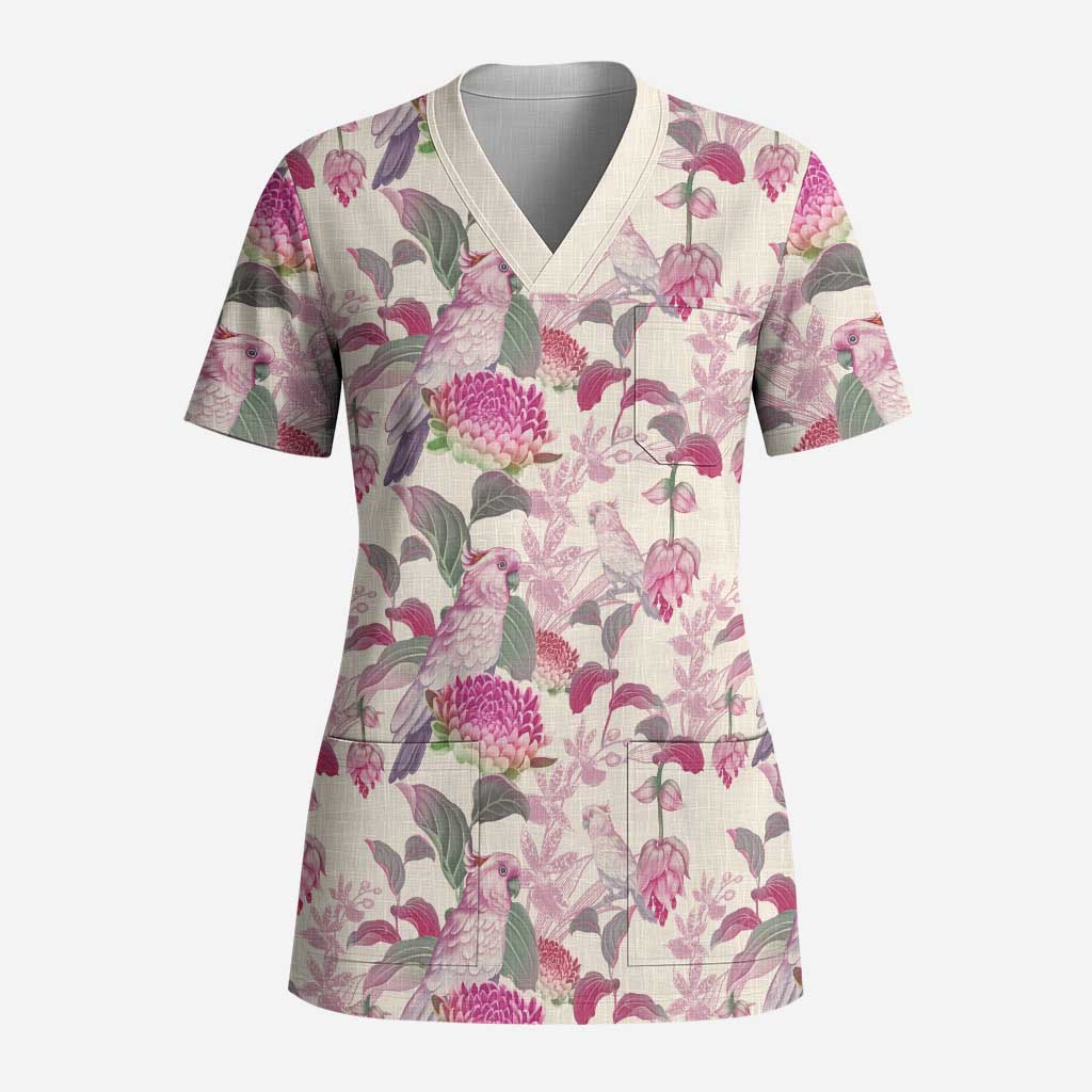 Pink Cockatoo Australia Scrub Top Tropical Flowers - Seamless Pattern - Aussie Hoodie