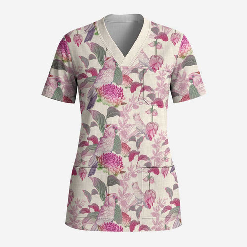 Pink Cockatoo Australia Scrub Top Tropical Flowers - Seamless Pattern - Aussie Hoodie