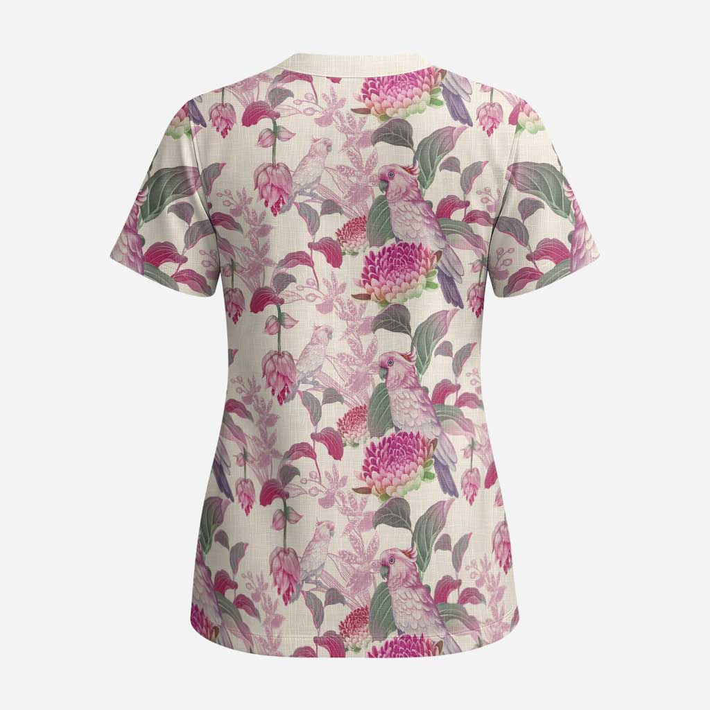 Pink Cockatoo Australia Scrub Top Tropical Flowers - Seamless Pattern - Aussie Hoodie