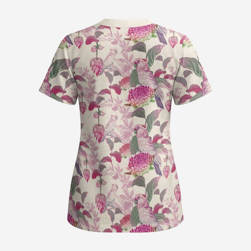 Pink Cockatoo Australia Scrub Top Tropical Flowers - Seamless Pattern - Aussie Hoodie