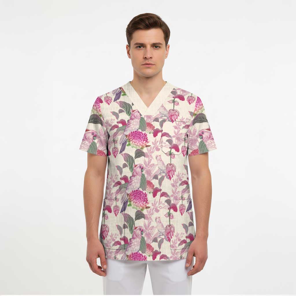 Pink Cockatoo Australia Scrub Top Tropical Flowers - Seamless Pattern - Aussie Hoodie