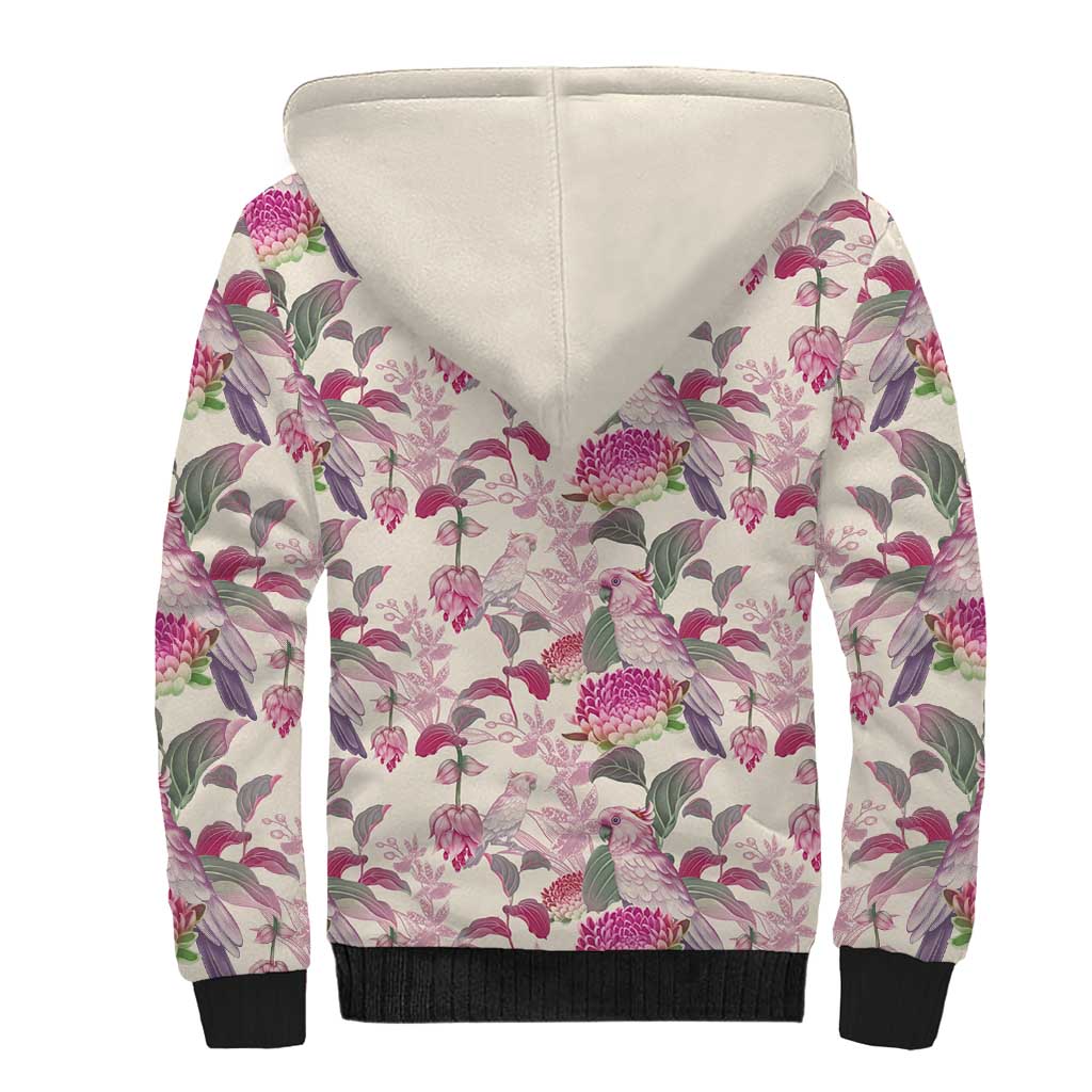 Pink Cockatoo Australia Sherpa Hoodie Tropical Flowers - Seamless Pattern
