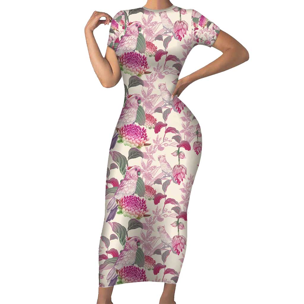 Pink Cockatoo Australia Short Sleeve Bodycon Dress Tropical Flowers - Seamless Pattern