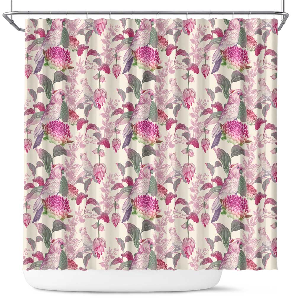 Pink Cockatoo Australia Shower Curtain Tropical Flowers - Seamless Pattern