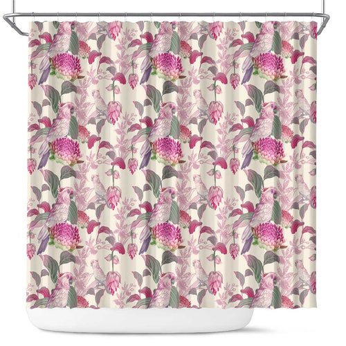 Pink Cockatoo Australia Shower Curtain Tropical Flowers - Seamless Pattern