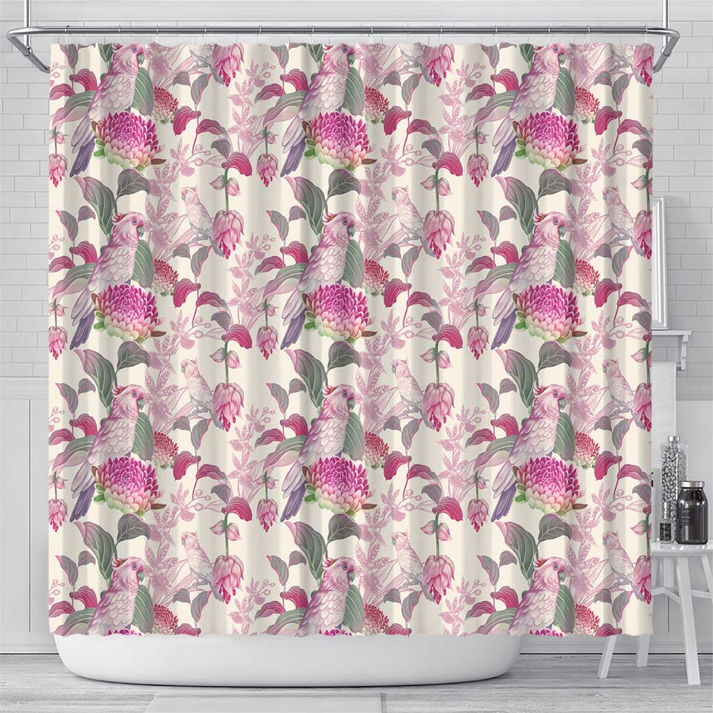 Pink Cockatoo Australia Shower Curtain Tropical Flowers - Seamless Pattern
