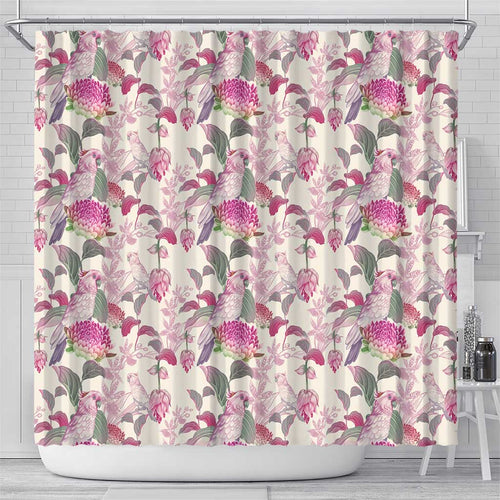 Pink Cockatoo Australia Shower Curtain Tropical Flowers - Seamless Pattern