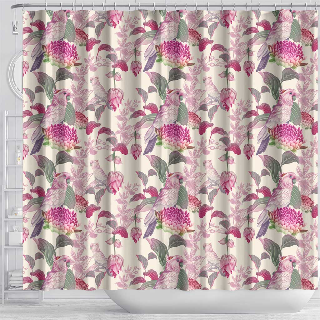 Pink Cockatoo Australia Shower Curtain Tropical Flowers - Seamless Pattern