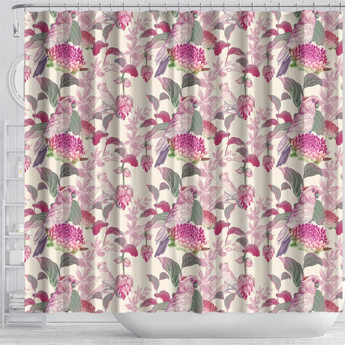 Pink Cockatoo Australia Shower Curtain Tropical Flowers - Seamless Pattern