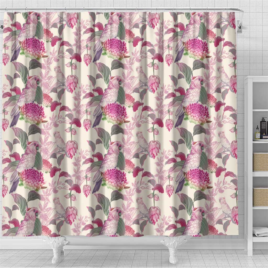 Pink Cockatoo Australia Shower Curtain Tropical Flowers - Seamless Pattern