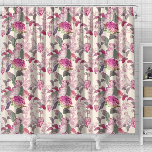 Pink Cockatoo Australia Shower Curtain Tropical Flowers - Seamless Pattern