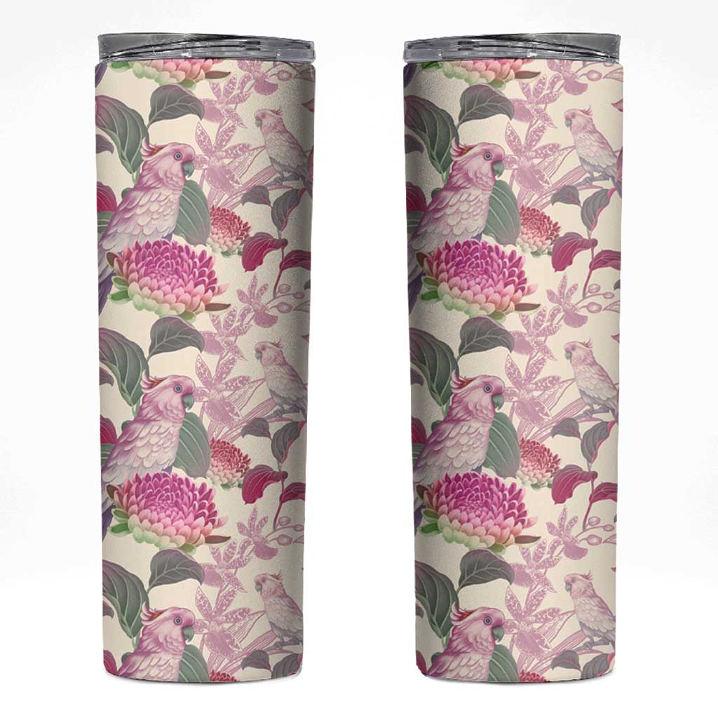 Pink Cockatoo Australia Skinny Tumbler Tropical Flowers - Seamless Pattern