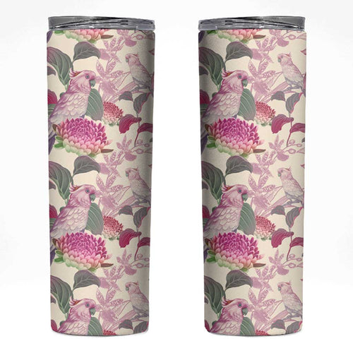 Pink Cockatoo Australia Skinny Tumbler Tropical Flowers - Seamless Pattern