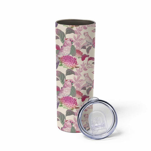 Pink Cockatoo Australia Skinny Tumbler Tropical Flowers - Seamless Pattern
