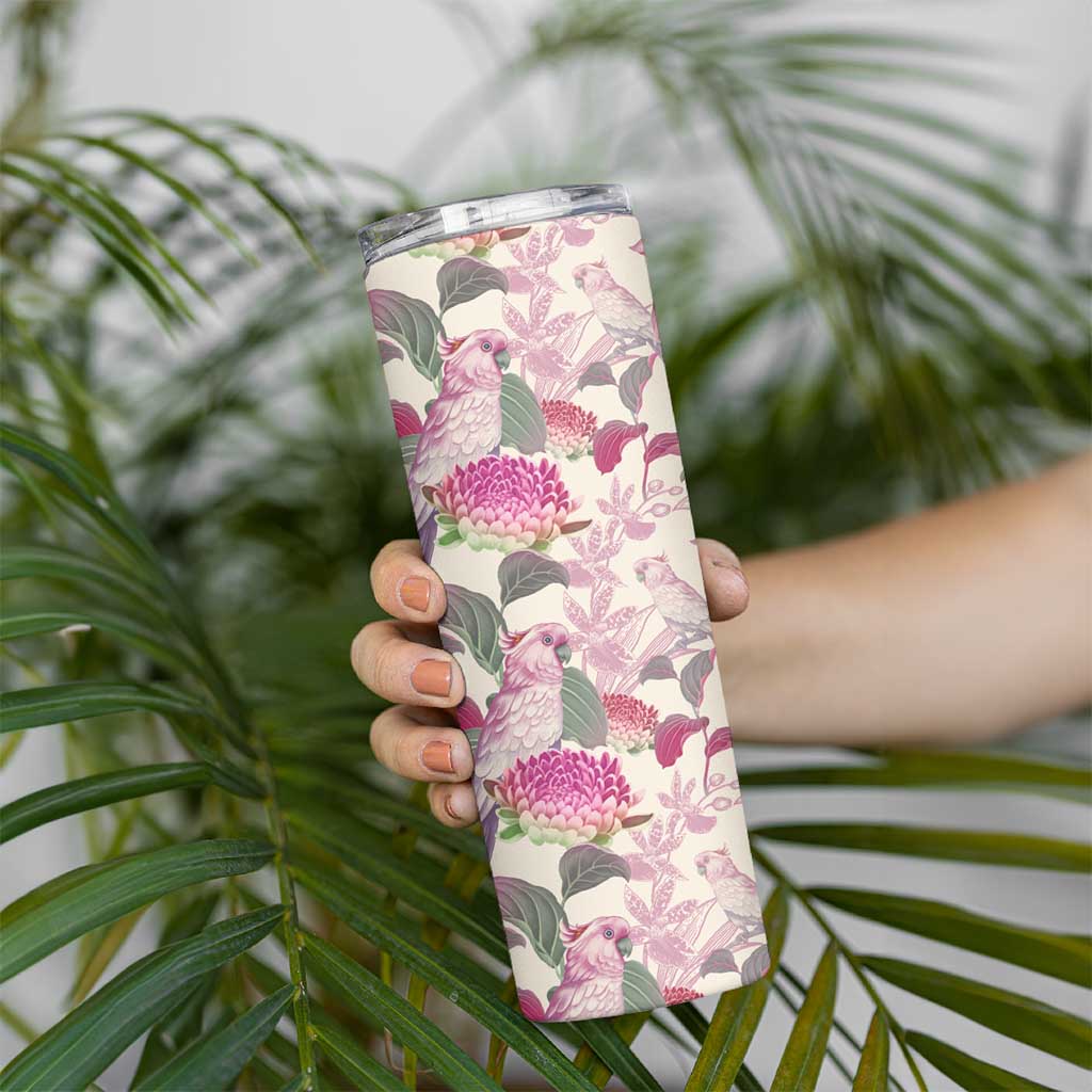 Pink Cockatoo Australia Skinny Tumbler Tropical Flowers - Seamless Pattern
