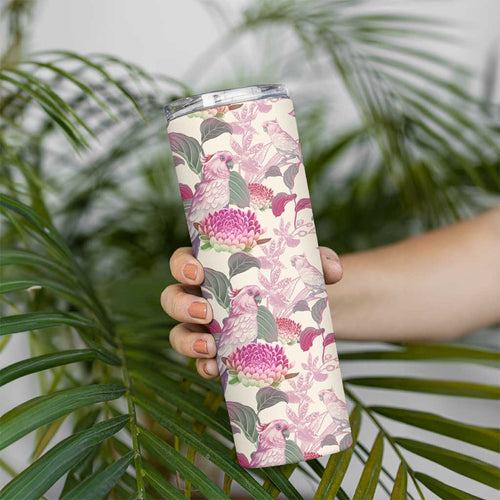 Pink Cockatoo Australia Skinny Tumbler Tropical Flowers - Seamless Pattern