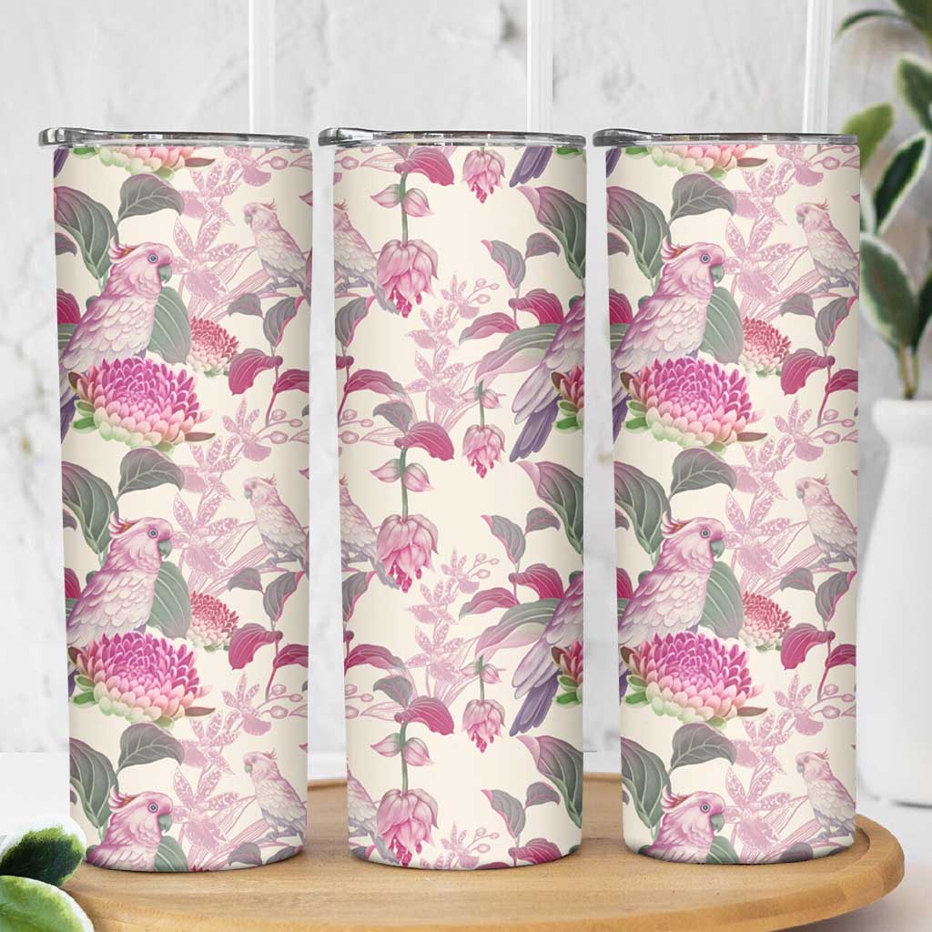 Pink Cockatoo Australia Skinny Tumbler Tropical Flowers - Seamless Pattern