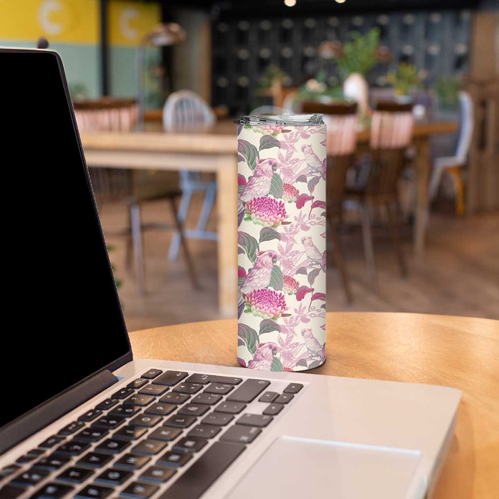 Pink Cockatoo Australia Skinny Tumbler Tropical Flowers - Seamless Pattern