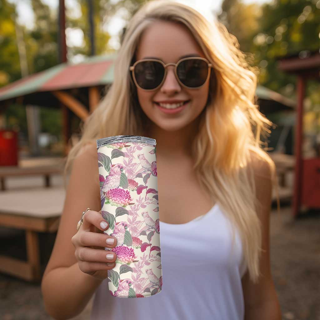 Pink Cockatoo Australia Skinny Tumbler Tropical Flowers - Seamless Pattern