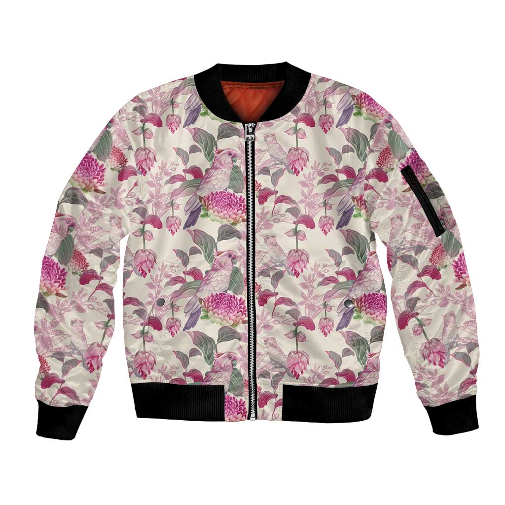 Pink Cockatoo Australia Sleeve Zip Bomber Jacket Tropical Flowers - Seamless Pattern