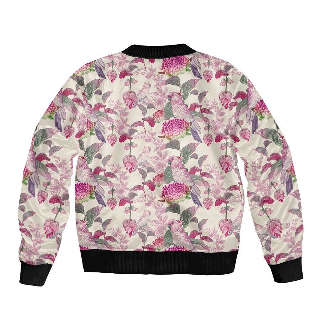 Pink Cockatoo Australia Sleeve Zip Bomber Jacket Tropical Flowers - Seamless Pattern