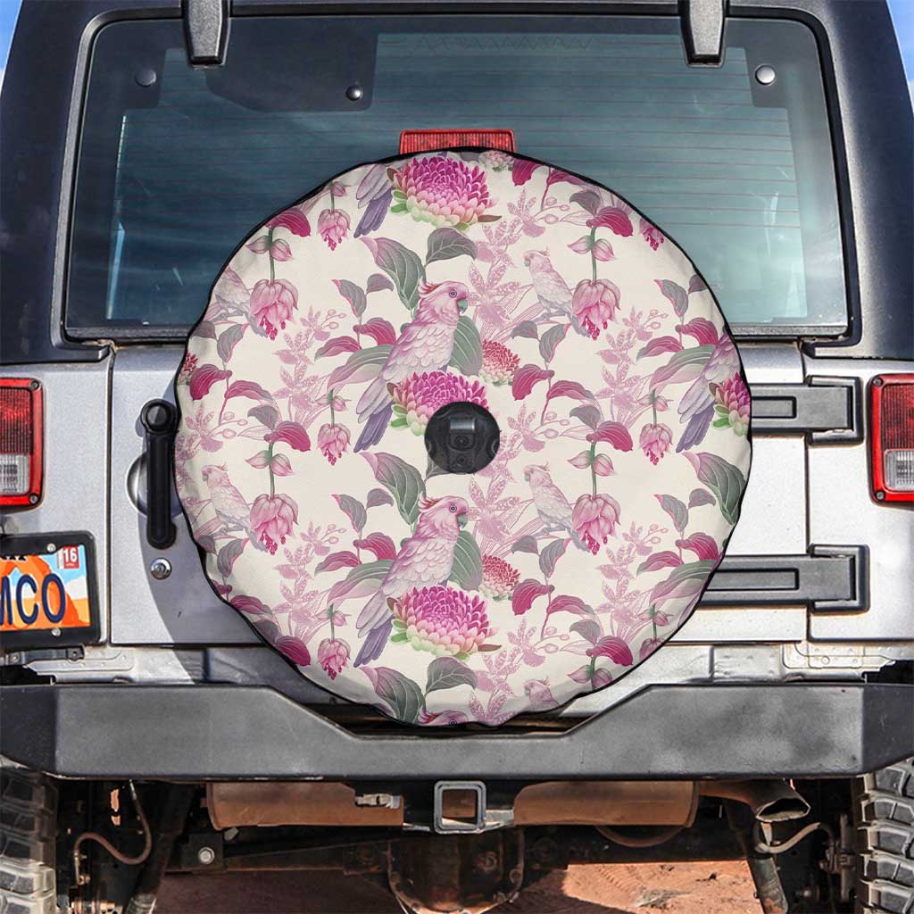Pink Cockatoo Australia Spare Tire Cover Tropical Flowers - Seamless Pattern