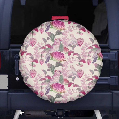 Pink Cockatoo Australia Spare Tire Cover Tropical Flowers - Seamless Pattern