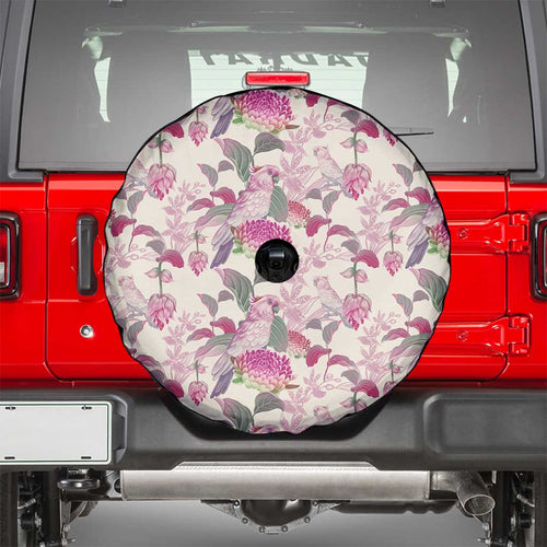 Pink Cockatoo Australia Spare Tire Cover Tropical Flowers - Seamless Pattern