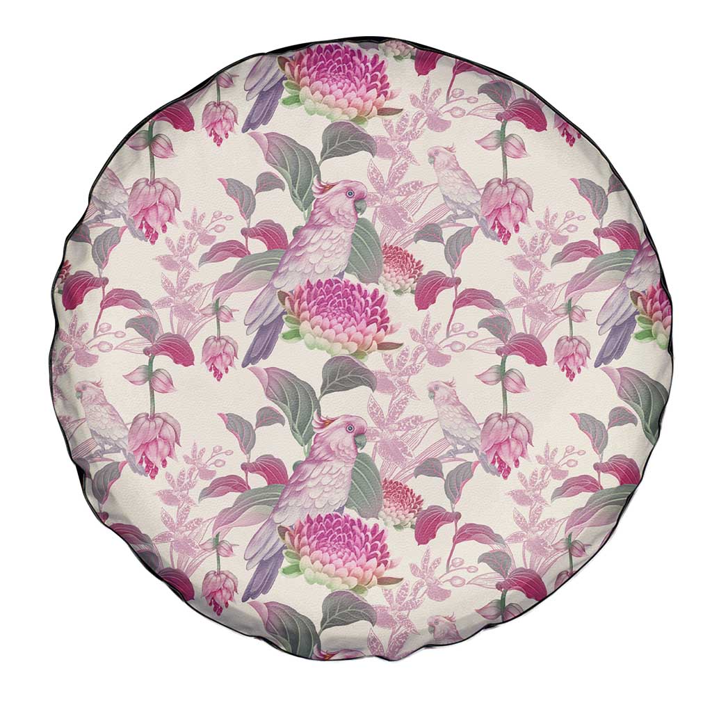Pink Cockatoo Australia Spare Tire Cover Tropical Flowers - Seamless Pattern