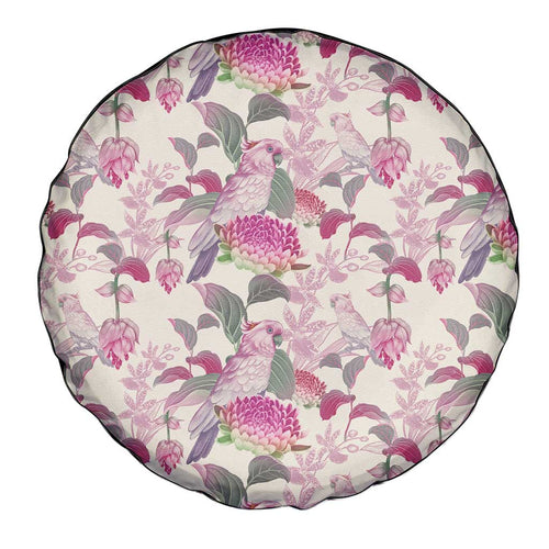 Pink Cockatoo Australia Spare Tire Cover Tropical Flowers - Seamless Pattern