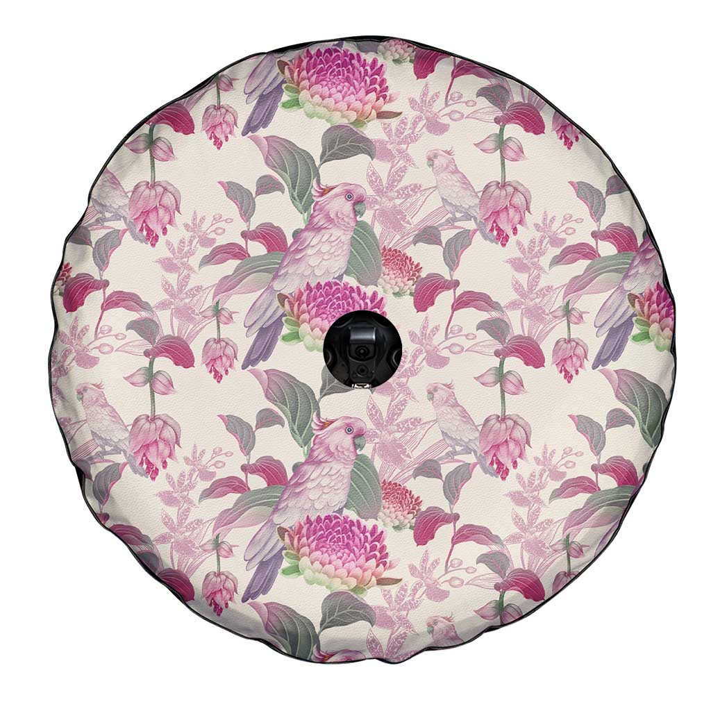 Pink Cockatoo Australia Spare Tire Cover Tropical Flowers - Seamless Pattern