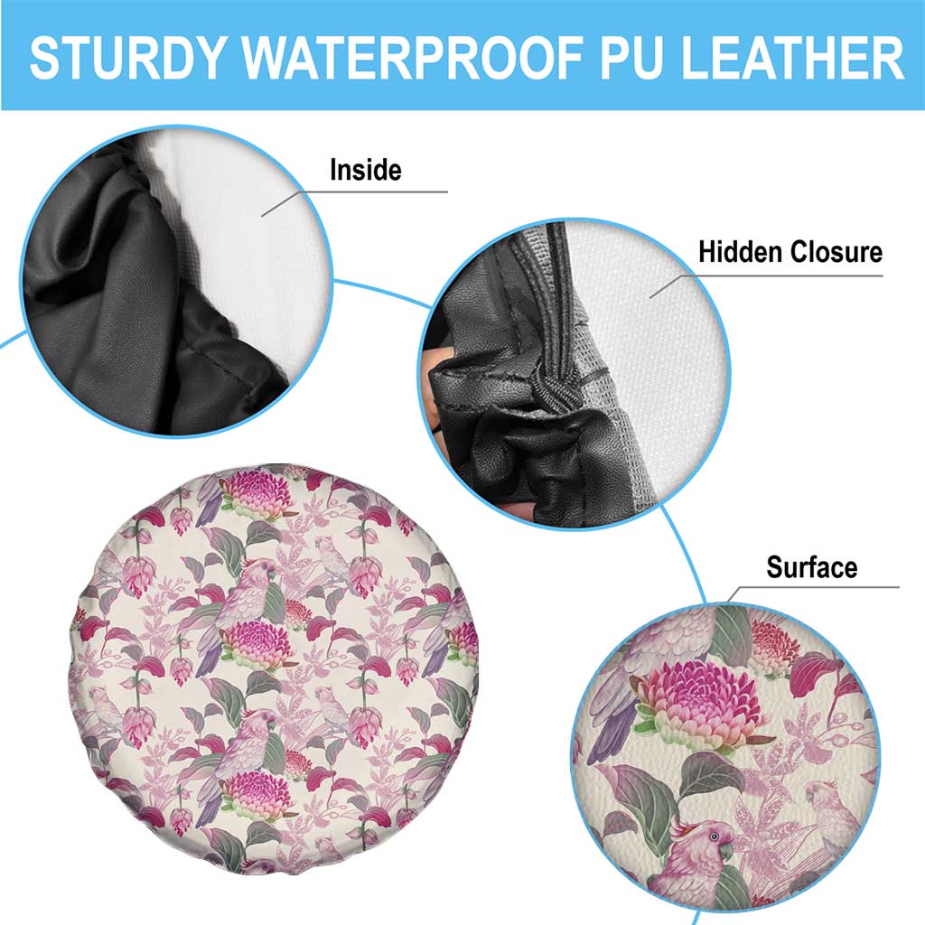 Pink Cockatoo Australia Spare Tire Cover Tropical Flowers - Seamless Pattern