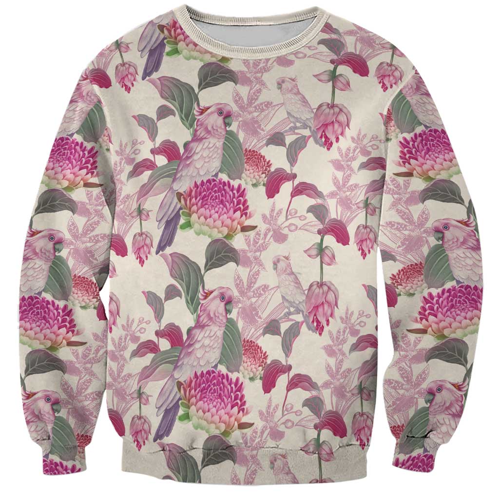 Pink Cockatoo Australia Sweatshirt Tropical Flowers - Seamless Pattern
