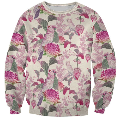 Pink Cockatoo Australia Sweatshirt Tropical Flowers - Seamless Pattern