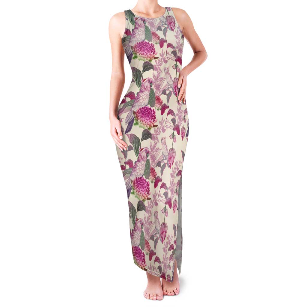 Pink Cockatoo Australia Tank Maxi Dress Tropical Flowers - Seamless Pattern