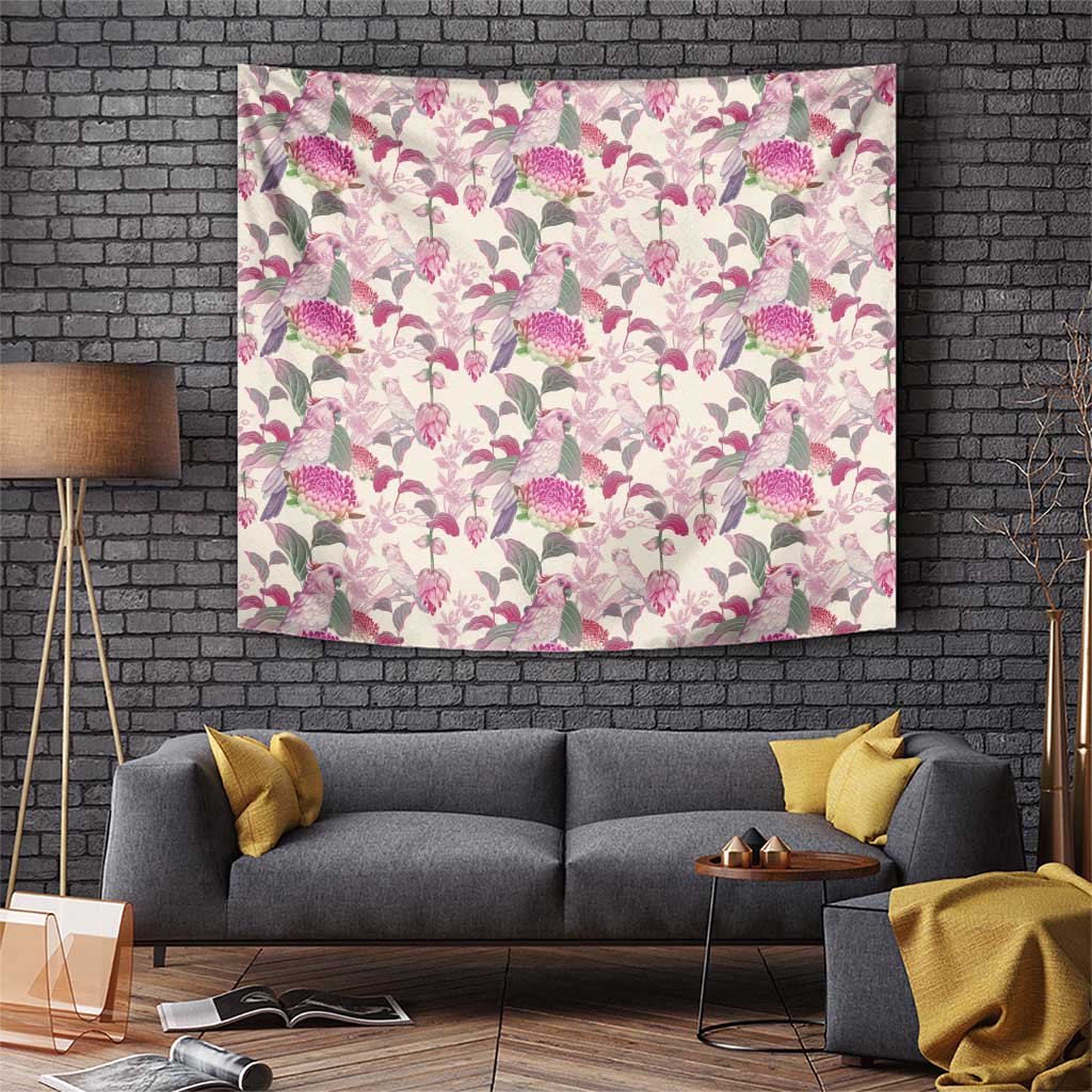 Pink Cockatoo Australia Tapestry Tropical Flowers - Seamless Pattern