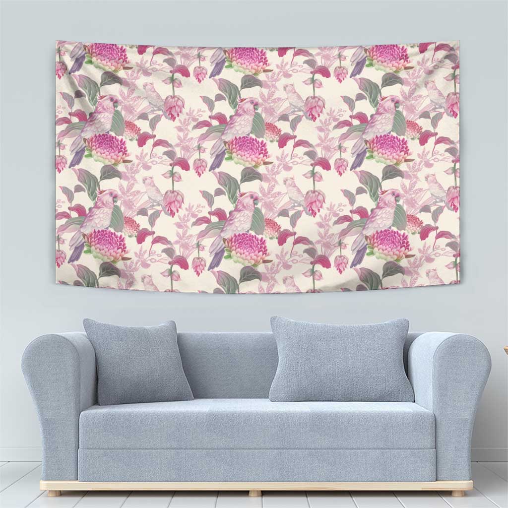 Pink Cockatoo Australia Tapestry Tropical Flowers - Seamless Pattern