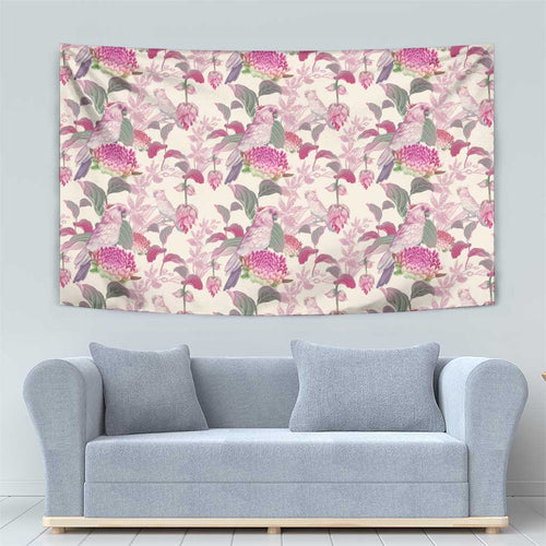 Pink Cockatoo Australia Tapestry Tropical Flowers - Seamless Pattern