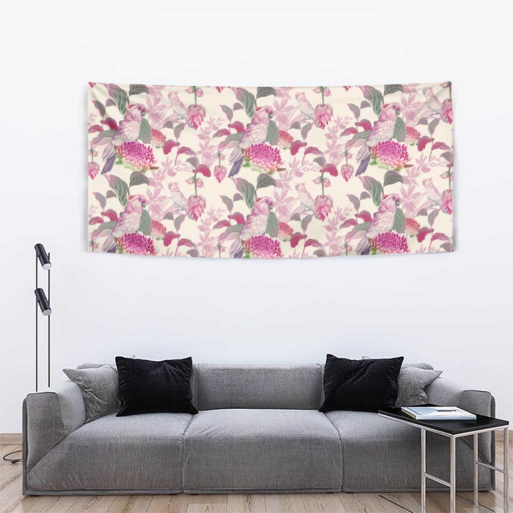 Pink Cockatoo Australia Tapestry Tropical Flowers - Seamless Pattern