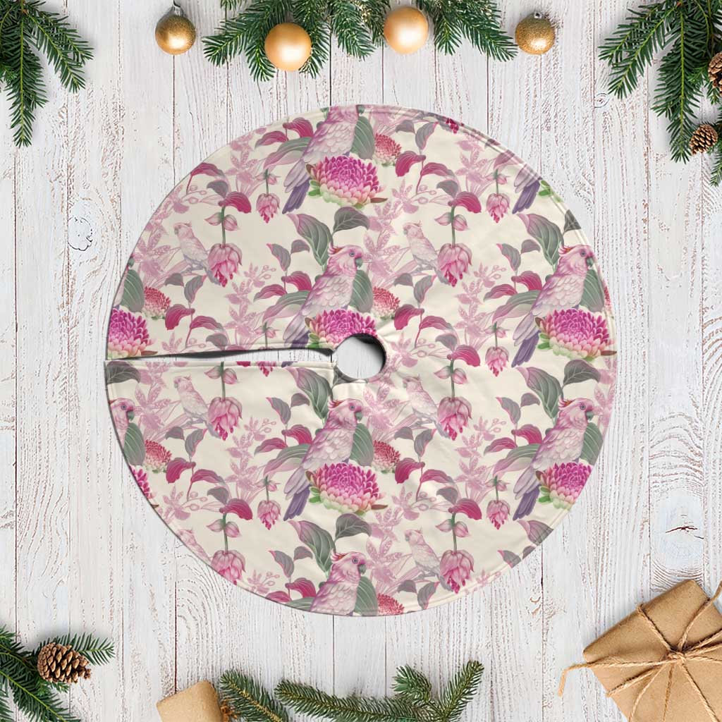 Pink Cockatoo Australia Tree Skirt Tropical Flowers - Seamless Pattern