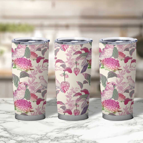 Pink Cockatoo Australia Tumbler Cup Tropical Flowers - Seamless Pattern