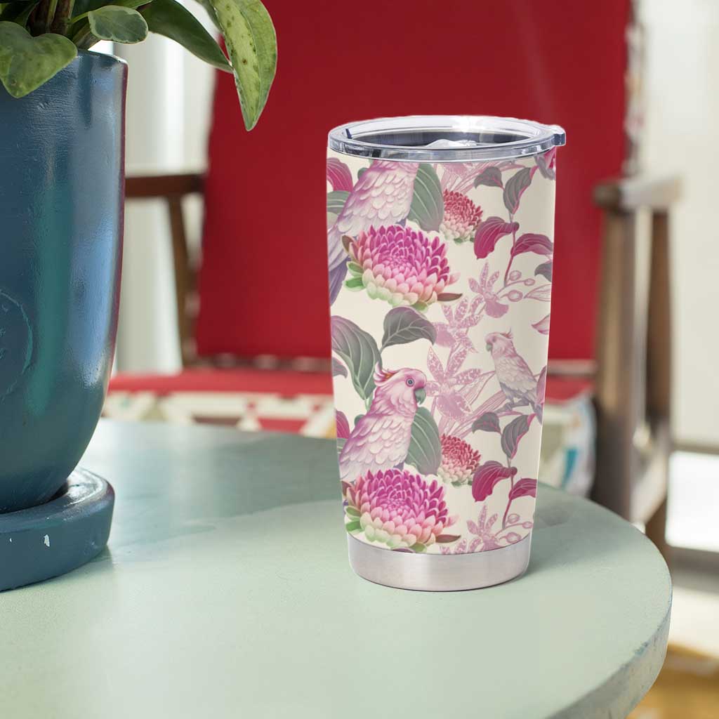 Pink Cockatoo Australia Tumbler Cup Tropical Flowers - Seamless Pattern