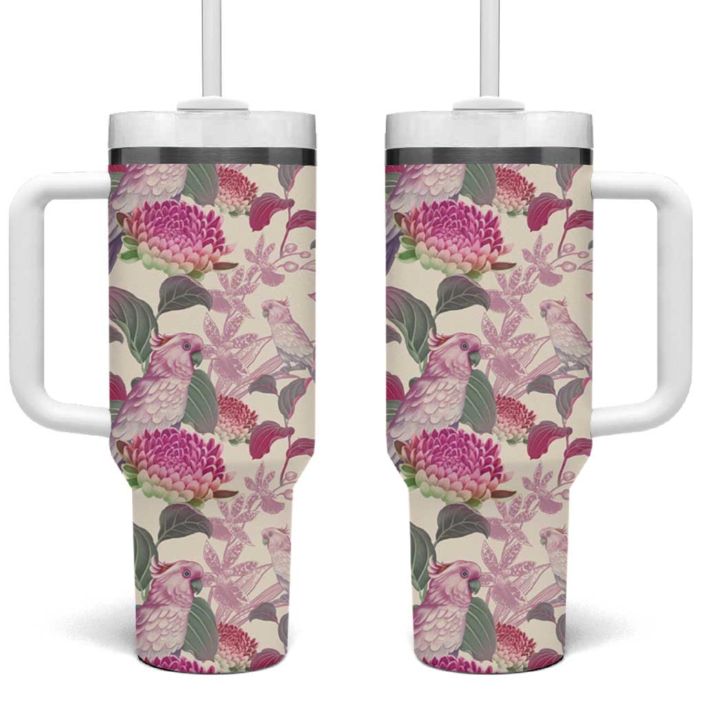 Pink Cockatoo Australia Tumbler With Handle Tropical Flowers - Seamless Pattern